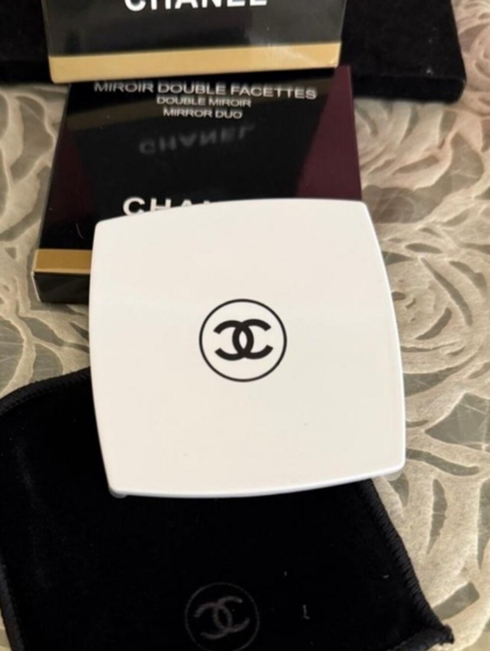 CHANEL White Compact Mirror Duo with Black Logo